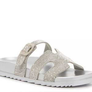 NEW Madden Girl Darling Rhinestone Silver Slide Sandals